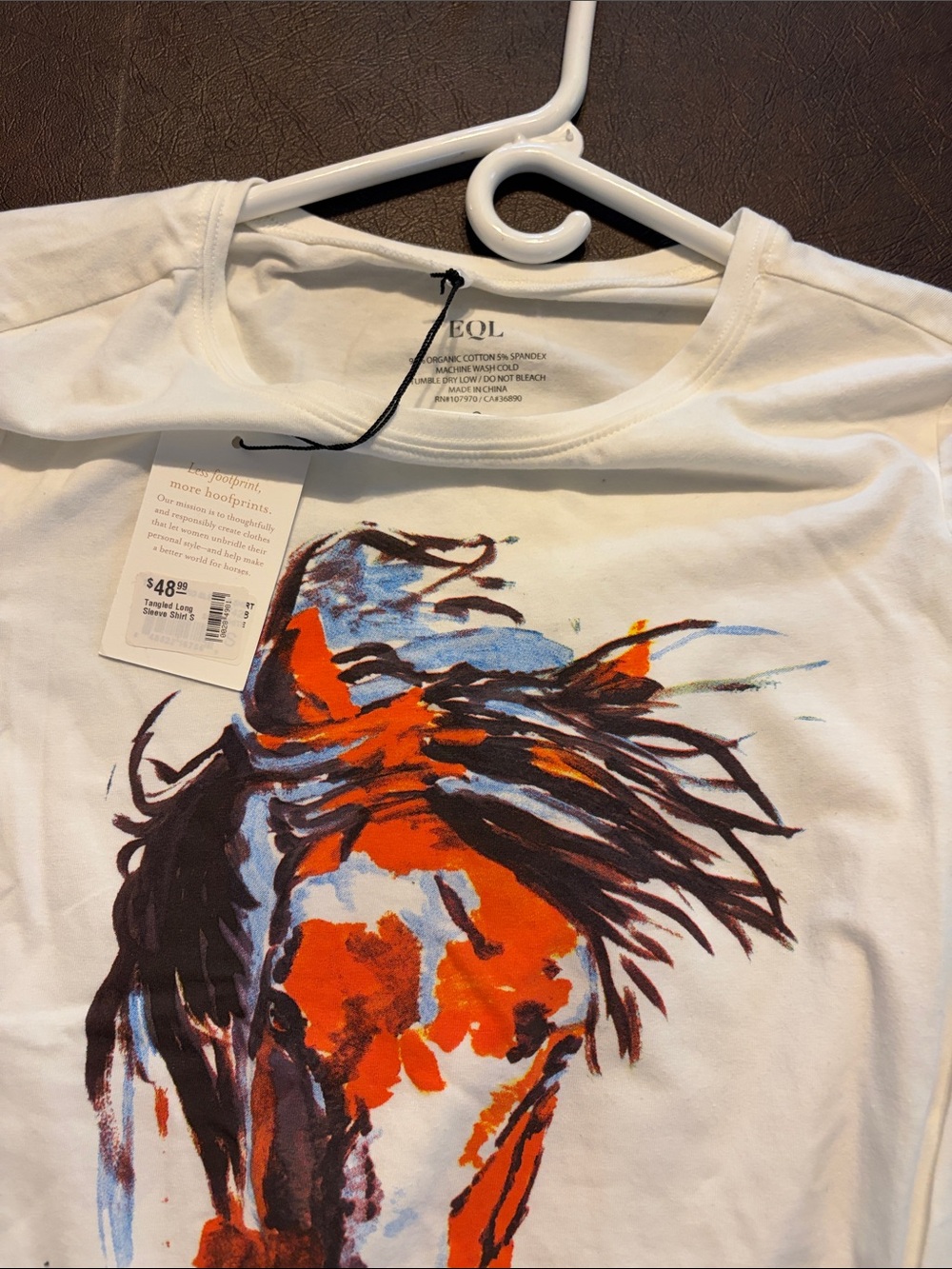White Short-Sleeve Tee with Orange & Blue Horse Print
